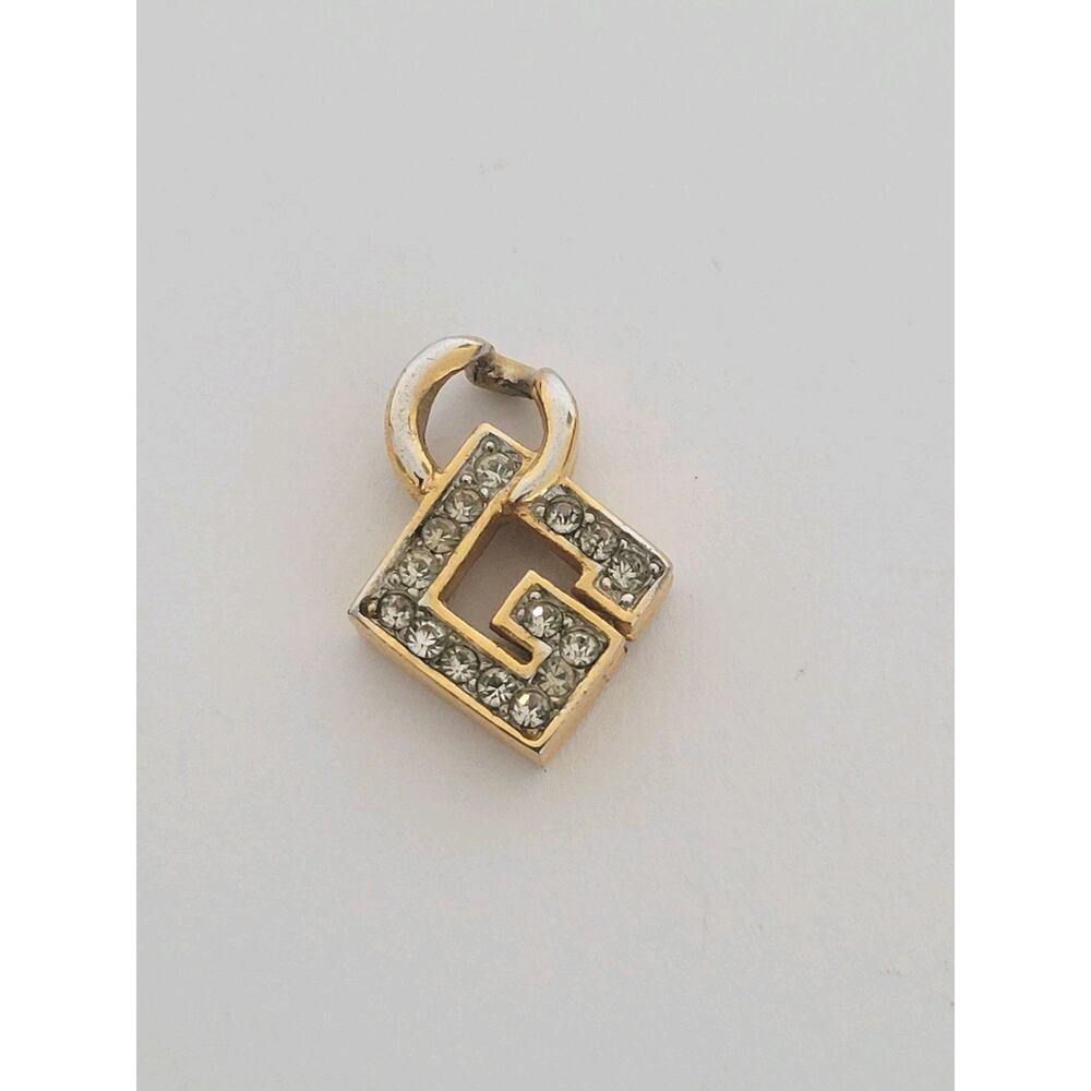 GIVENCHY G Vintage Clear Rhinestones‎ Gold Pendant Necklace Small Charm Retro